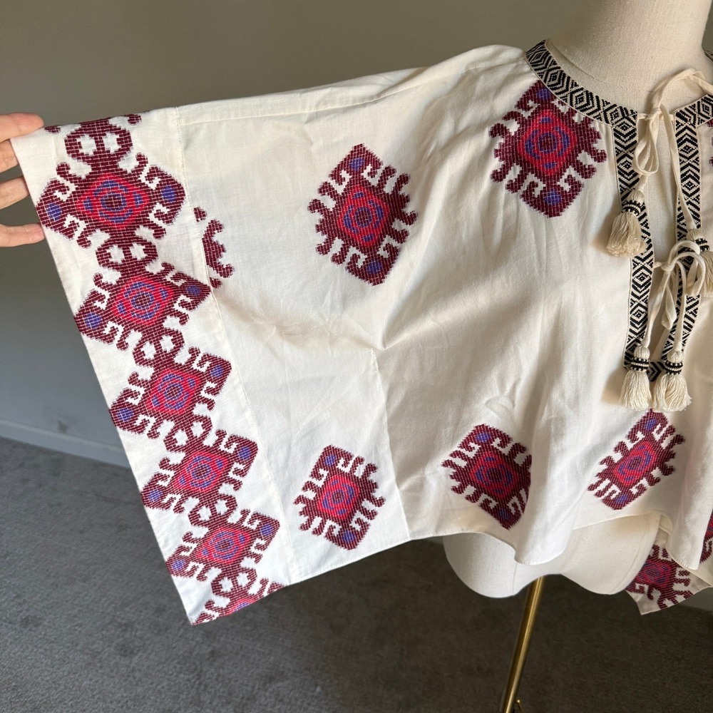 Johanna Ortiz Bushveld Poncho Embroidered Fabric Tassels Cream Size M - Picture 4 of 10